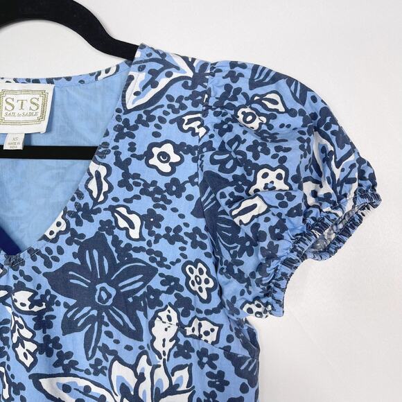 Sail To Sable XS Blue White Floral Print Mini Dress Puff Sleeves Fit and Flare - Picture 5 of 9